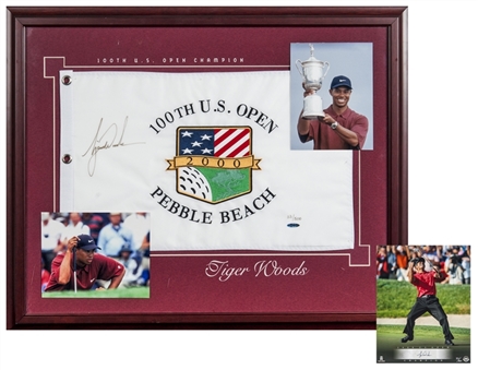 Lot of (2) Tiger Woods Signed Items (US Open Flag in Frame Display, 8x10 Photo) - Upper Deck Authenticated (PSA/DNA LOA)